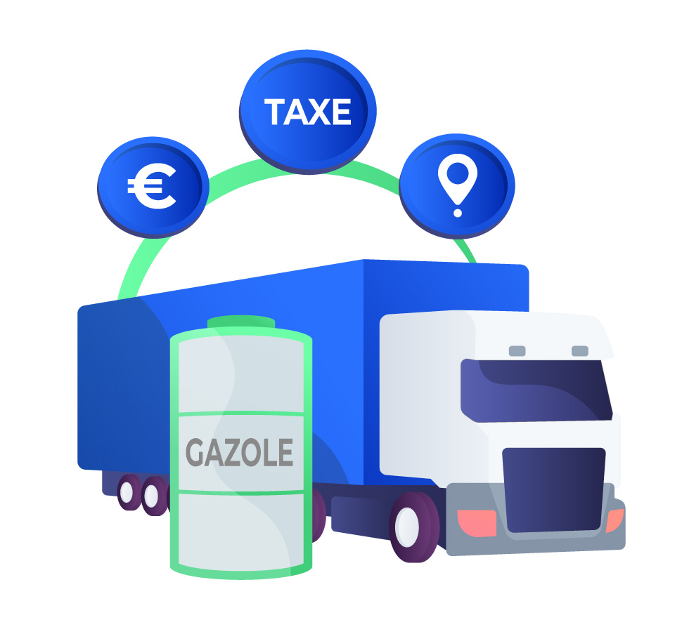 Camion routier de marchandises avec un baril de gazole et 3 logos représentant "euros", "taxe" et "lieux".